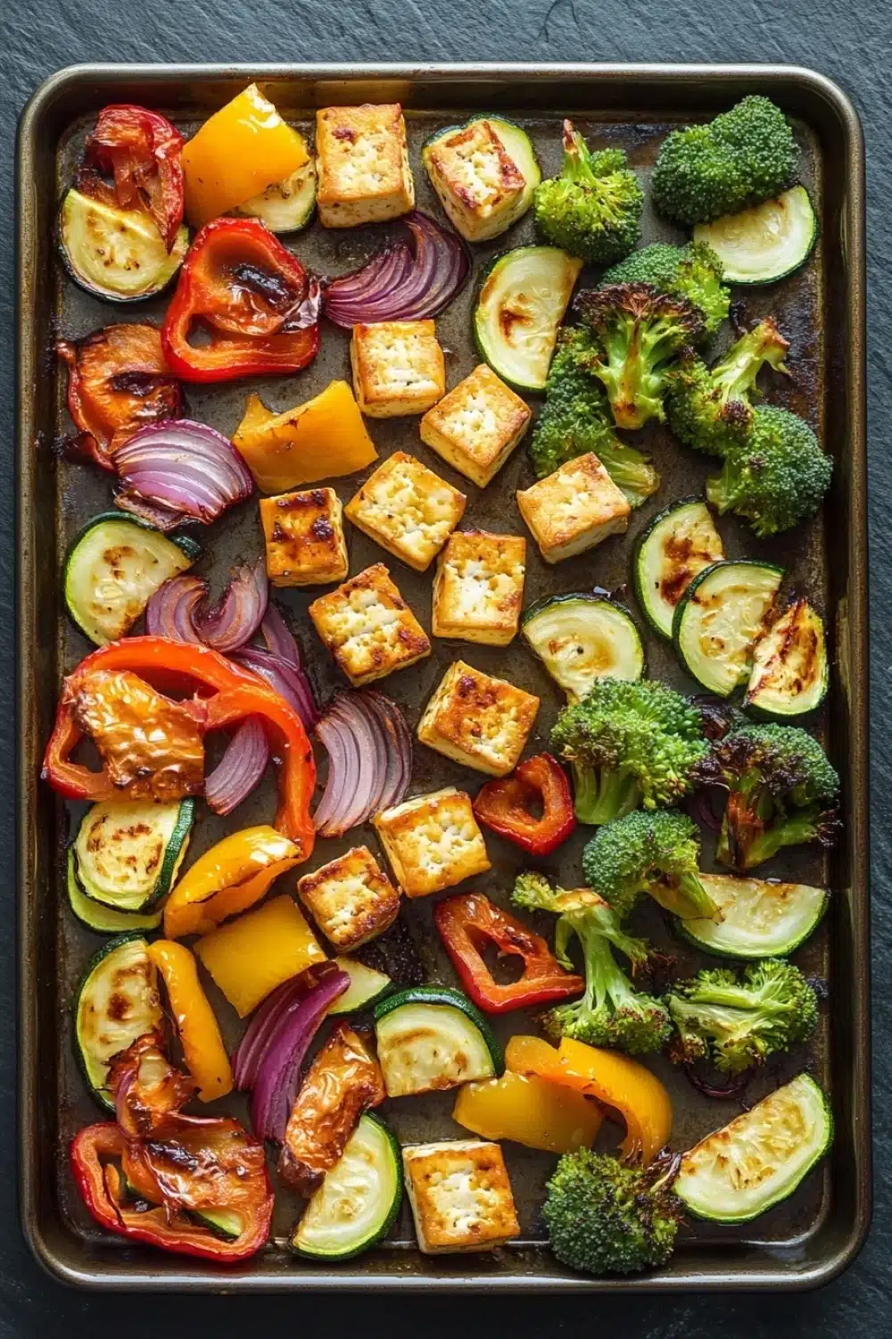 Sheet pan tofu and vegetables - the image shows a baking tray filled with various types of vegetables and tofu. the tray is lined with parchment paper and is placed on a dark grey countertop. on the left side of the tray, there are sliced zucchini, red onions, and yellow bell peppers, while on the right side, there is a pile of broccoli florets. the vegetables are arranged in a circular pattern, with some overlapping each other. the tofu is cubes of tofu and appears to be seasoned with herbs and spices. the colors of the vegetables are vibrant and the tray looks freshly cooked.