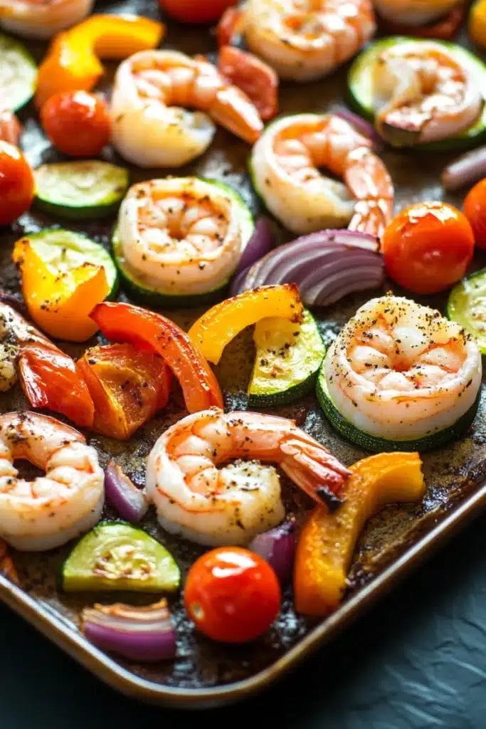 Sheet pan vegetables and shrimp - the image shows a tray of cooked shrimp and vegetables. the shrimp are arranged in a circular pattern on the tray, with some overlapping each other. the vegetables include sliced zucchini, cherry tomatoes, red onions, and yellow bell peppers. the colors of the vegetables are vibrant and the dish appears to be seasoned with herbs and spices. the tray is sitting on a dark blue countertop.