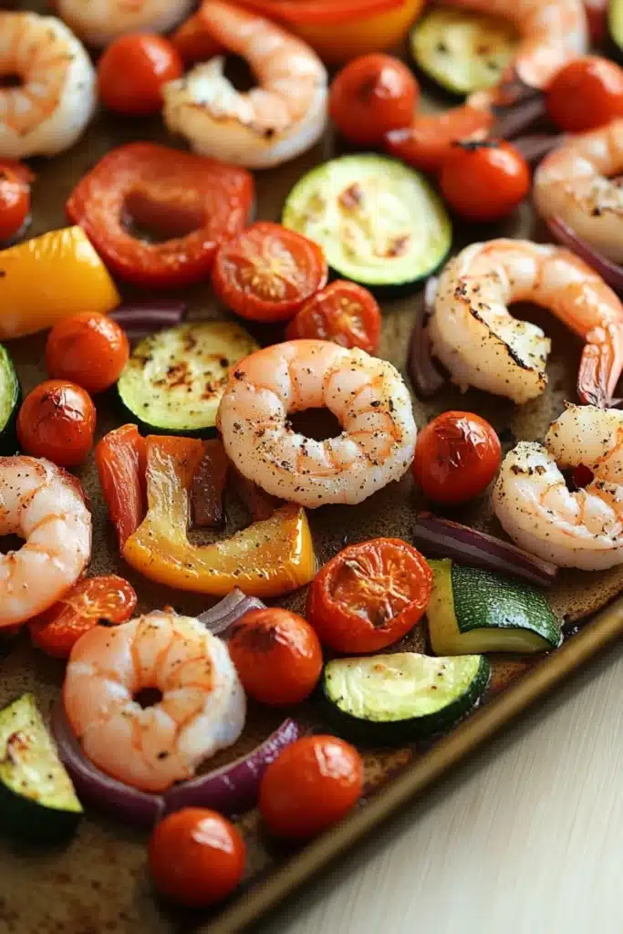 Sheet pan vegetables and shrimp - the image shows a tray of cooked shrimp and vegetables. the shrimp are arranged in a circular pattern on the tray, with some overlapping each other. the vegetables include sliced zucchini, cherry tomatoes, red onions, and yellow bell peppers. the colors of the vegetables are vibrant and the shrimp appear to be seasoned with herbs and spices. the tray is lined with parchment paper, and the background is a wooden table.