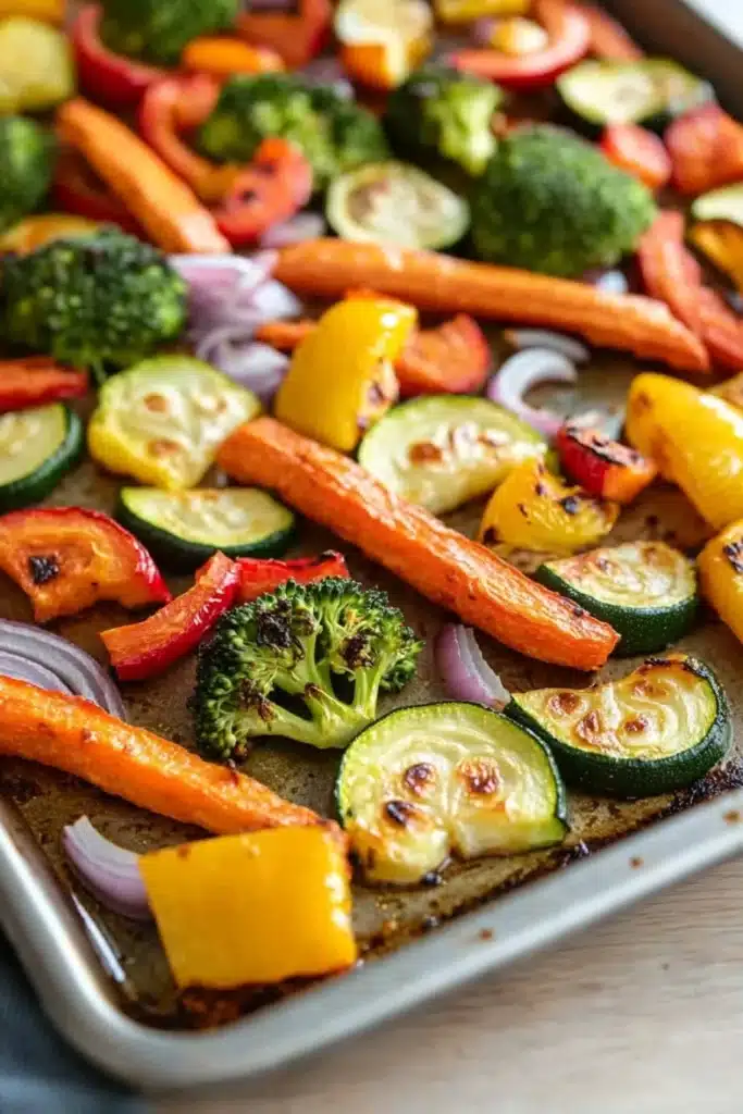 Sheet pan vegetables with carrots - the image shows a baking tray filled with roasted vegetables. the vegetables are arranged in a circular pattern on the tray, with some overlapping each other. the carrots are orange and appear to be seasoned with herbs and spices. there are also small pieces of red and yellow bell peppers, broccoli, and zucchini scattered throughout the tray. the tray is sitting on a wooden table, and the background is blurred, but it appears to be a kitchen countertop.