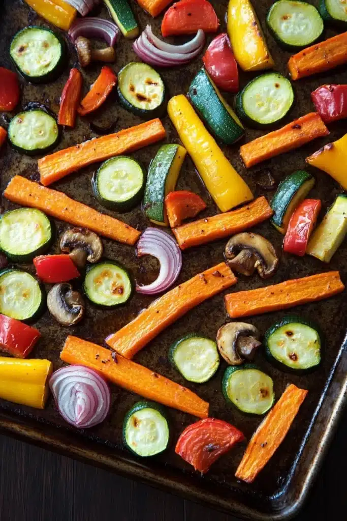 Sheet pan vegetables with carrots - the image shows a baking tray filled with roasted vegetables. the vegetables are arranged in a circular pattern on the tray, with some overlapping each other. the carrots are orange and appear to be seasoned with herbs and spices. there are also sliced red onions, yellow bell peppers, and mushrooms scattered throughout the tray. the tray is lined with parchment paper, and the vegetables are glistening with oil. the background is dark, making the vegetables stand out.