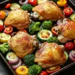 Sheet pan vegetables with chicken - the image shows a rectangular baking tray with roasted chicken and vegetables on it. the chicken is golden brown and appears to be seasoned with herbs and spices. the vegetables on the tray include sliced zucchini, cherry tomatoes, broccoli, and red onions. the tray is placed on a dark wooden table with a gray napkin on the side. there are also some fresh herbs scattered around the tray. the overall presentation of the dish is colorful and appetizing.
