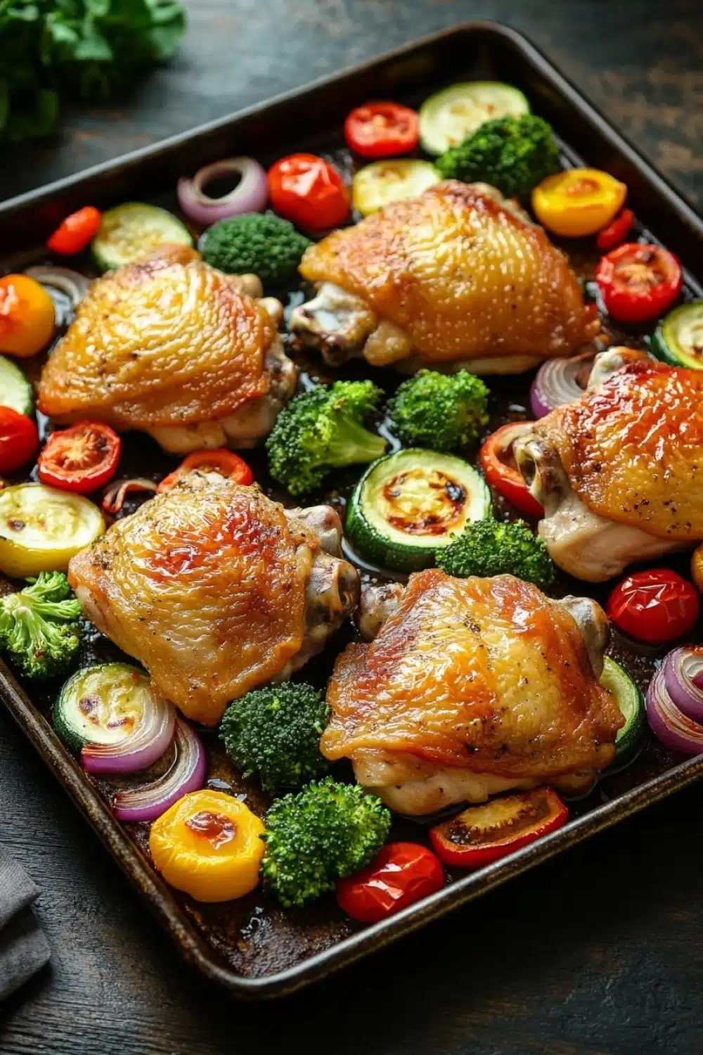 Sheet pan vegetables with chicken - the image shows a rectangular baking tray with roasted chicken and vegetables on it. the chicken is golden brown and appears to be seasoned with herbs and spices. the vegetables on the tray include sliced zucchini, cherry tomatoes, broccoli, and red onions. the tray is placed on a dark wooden table with a gray napkin on the side. there are also some fresh herbs scattered around the tray. the overall presentation of the dish is colorful and appetizing.