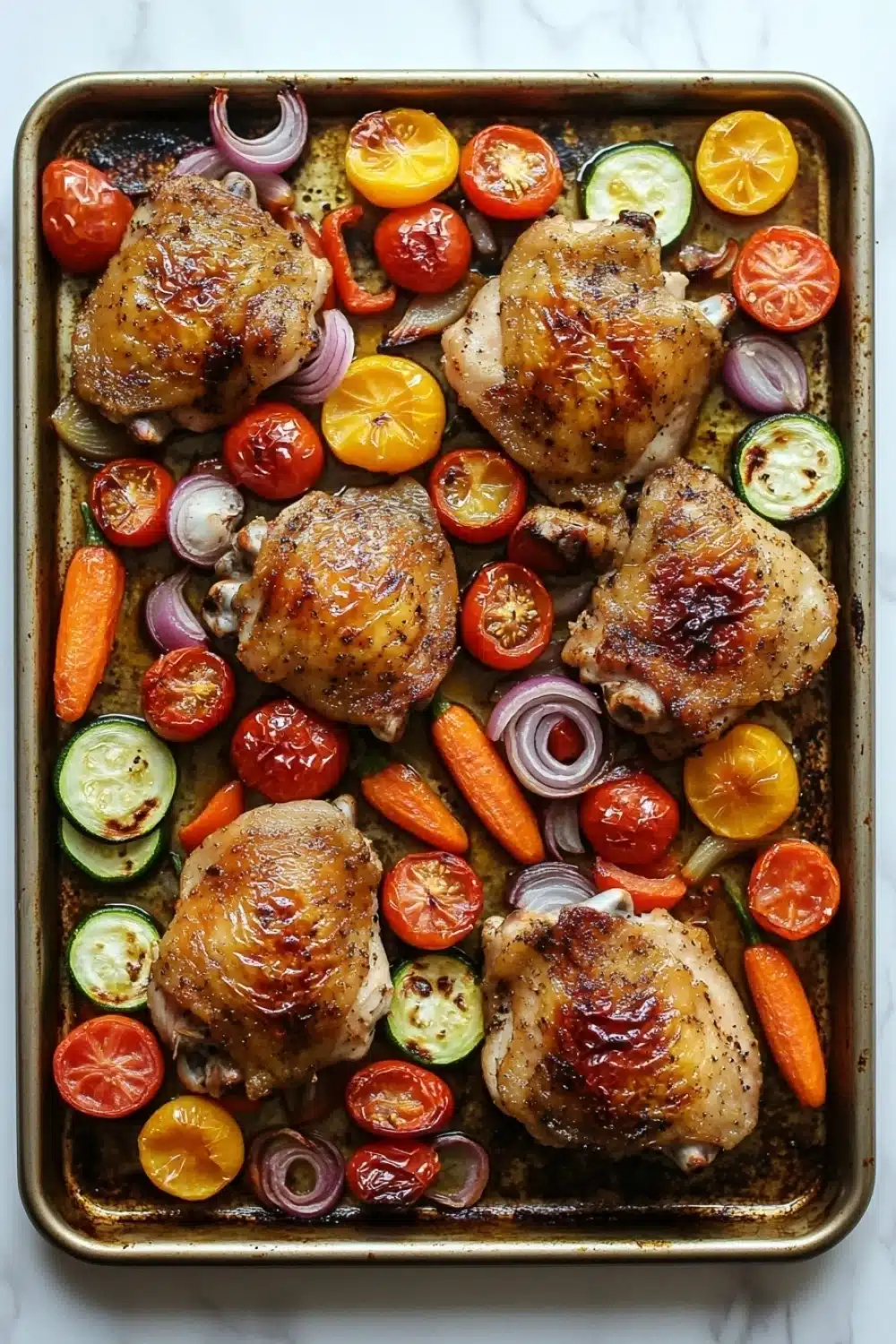 Sheet pan vegetables with chicken - the image shows a rectangular baking tray with six pieces of chicken on it. the chicken is cooked to a golden brown color and appears to be seasoned with herbs and spices. the tray is filled with sliced tomatoes, onions, and carrots, which are arranged in a circular pattern around the chicken. the tomatoes are bright red and appear to be ripe and juicy, while the onions are sliced into thin strips. the carrots are orange and are cut into small pieces. the vegetables are also sliced and arranged around the tray, adding a pop of color to the dish. the background is a white marble countertop.