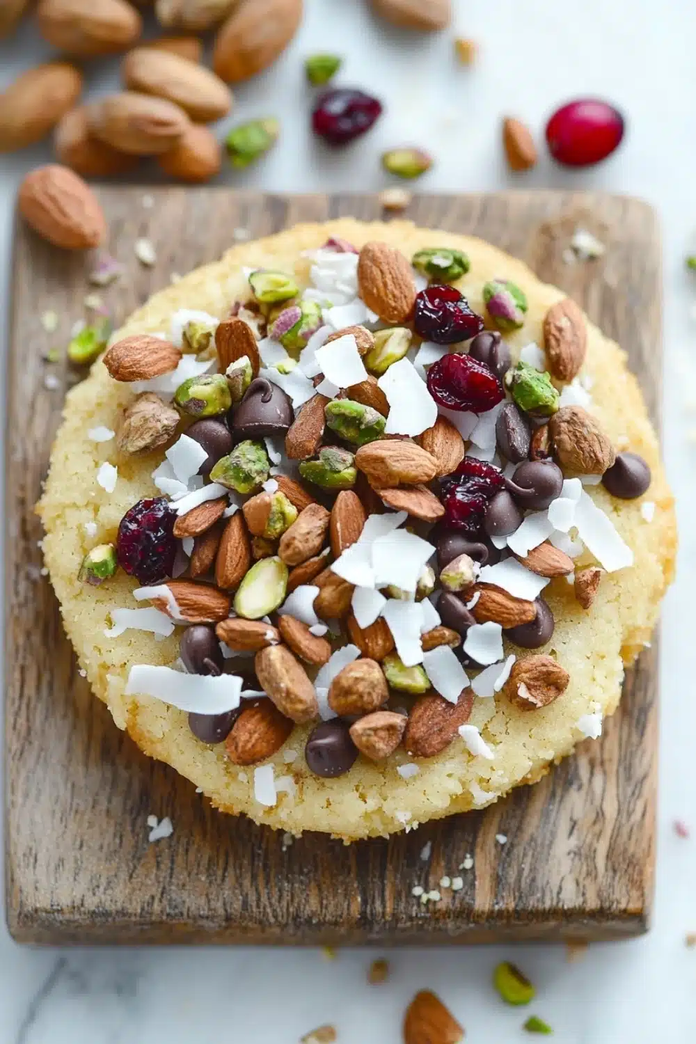 Shortbread cookie toppings - the image shows a round cake on a wooden cutting board. the cake appears to be a light yellow color and has a crumbly texture. on top of the cake, there are various nuts scattered around, including almonds, pistachios, and cranberries. the nuts are arranged in a scattered manner, with some overlapping each other. the cutting board is placed on a white marble countertop.
