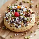 Shortbread cookie toppings - the image shows a round cookie on a wooden cutting board. the cookie is golden brown and appears to be freshly baked. it is topped with a variety of colorful toppings, including chopped nuts, chocolate chips, raspberries, and pistachios. the toppings are scattered around the cookie, creating a colorful and appetizing display. the background is blurred, but it seems to be a wooden table or countertop.