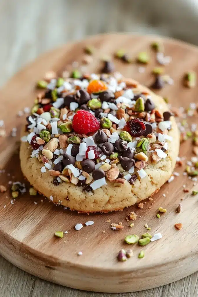 Shortbread cookie toppings - the image shows a round cookie on a wooden cutting board. the cookie is golden brown and appears to be freshly baked. it is topped with a variety of colorful toppings, including chopped nuts, chocolate chips, raspberries, and pistachios. the toppings are scattered around the cookie, creating a colorful and appetizing display. the background is blurred, but it seems to be a wooden table or countertop.