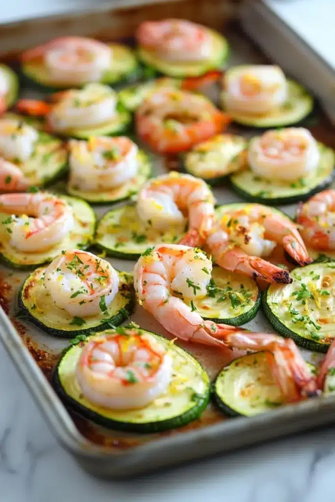 Shrimp and zucchini sheet pan dinner - the image shows a baking tray lined with zucchini boats. the zucchinis are arranged in a single layer on the tray, with some of them overlapping each other. the shrimp are pink and appear to be seasoned with herbs and spices. the tray is sitting on a white marble countertop.