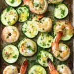 Shrimp and zucchini sheet pan dinner - the image shows a baking tray filled with cooked shrimp and zucchini. the shrimp are pink and appear to be seasoned with herbs and spices. the zucchinis are sliced and arranged in a circular pattern on the tray. the tray is lined with parchment paper and there are a few sprigs of parsley scattered around the tray, adding a pop of green color to the dish. the background is dark, making the colors of the dish stand out.