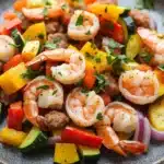 Shrimp sausage veggie skillet - the image is a close-up of a plate of food. the plate is gray and has a speckled texture. the food appears to be a salad with shrimp, zucchini, red onion, and yellow bell peppers. the shrimp are arranged in a circular pattern and are garnished with chopped parsley. the colors of the ingredients are vibrant and the dish looks fresh and appetizing.