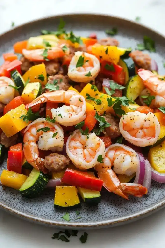 Shrimp sausage veggie skillet - the image is a close-up of a plate of food. the plate is gray and has a speckled texture. the food appears to be a salad with shrimp, zucchini, red onion, and yellow bell peppers. the shrimp are arranged in a circular pattern and are garnished with chopped parsley. the colors of the ingredients are vibrant and the dish looks fresh and appetizing.