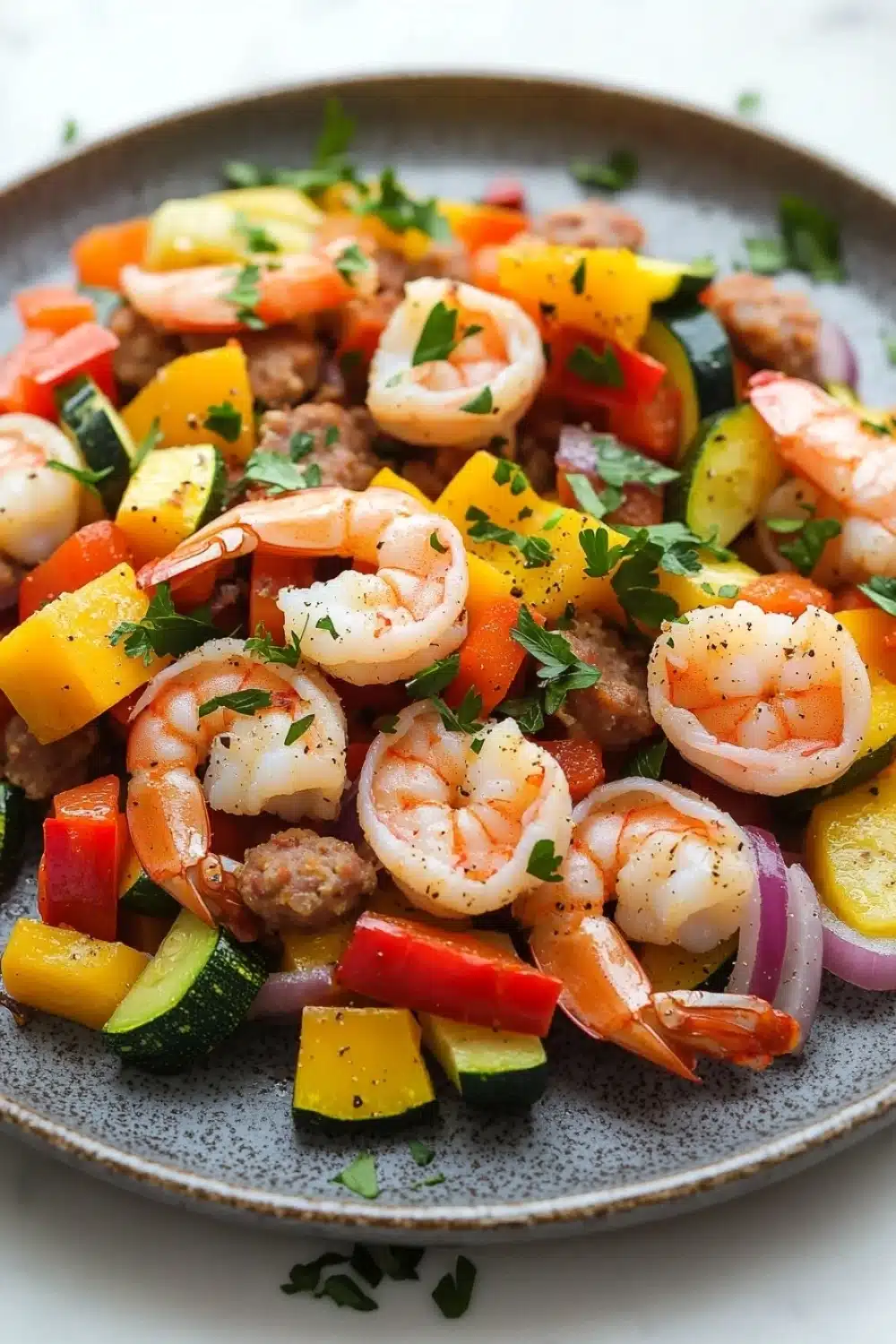 Shrimp sausage veggie skillet - the image is a close-up of a plate of food. the plate is gray and has a speckled texture. the food appears to be a salad with shrimp, zucchini, red onion, and yellow bell peppers. the shrimp are arranged in a circular pattern and are garnished with chopped parsley. the colors of the ingredients are vibrant and the dish looks fresh and appetizing.