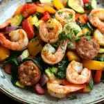 Shrimp sausage veggie skillet - the image is a close-up of a plate of food. the plate is round and has a light brown color with a speckled texture. the food appears to be a salad with shrimp, zucchini, bell peppers, and other vegetables mixed in. the shrimp are cooked medium-sized and are arranged in a circular pattern on top of the vegetables. there are also small pieces of sausage scattered throughout the salad. the vegetables are bright red and yellow, and they are garnished with fresh herbs. the dish is served on a wooden table with a dark background.
