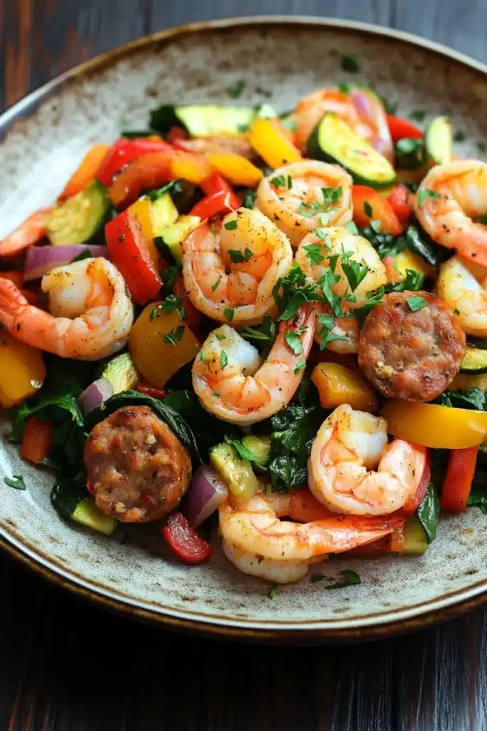 Shrimp sausage veggie skillet - the image is a close-up of a plate of food. the plate is round and has a light brown color with a speckled texture. the food appears to be a salad with shrimp, zucchini, bell peppers, and other vegetables mixed in. the shrimp are cooked medium-sized and are arranged in a circular pattern on top of the vegetables. there are also small pieces of sausage scattered throughout the salad. the vegetables are bright red and yellow, and they are garnished with fresh herbs. the dish is served on a wooden table with a dark background.