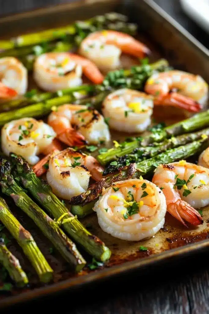 Shrimp sheet pan with asparagus - the image shows a baking tray with cooked shrimp and asparagus. the shrimp are arranged in a single layer on the tray, with some of them overlapping each other. the asparaglips are bright green and appear to be seasoned with herbs and spices. the tray is sitting on a wooden table, and there is a white plate in the background. the overall presentation of the dish is appetizing and visually appealing.