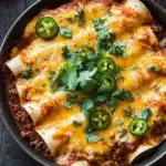 Skillet beef enchiladas - the image shows a black cast iron skillet filled with enchiladas. the enchillas are golden brown and appear to be freshly cooked. they are topped with melted cheese and jalapenos, and there are a few sprigs of cilantro scattered around the skillet. the skillet is sitting on a dark wooden table. the background is blurred, but it appears to be a rustic kitchen countertop.