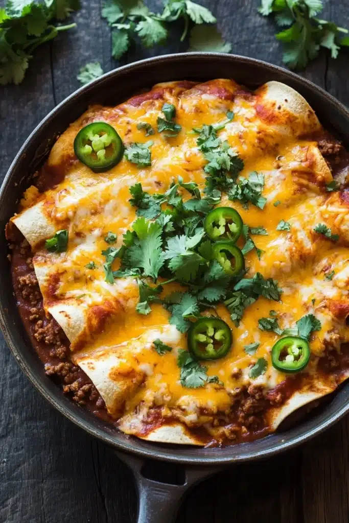 Skillet beef enchiladas - the image shows a black cast iron skillet filled with enchiladas. the enchillas are golden brown and appear to be freshly cooked. they are topped with melted cheese and jalapenos, and there are a few sprigs of cilantro scattered around the skillet. the skillet is sitting on a dark wooden table. the background is blurred, but it appears to be a rustic kitchen countertop.