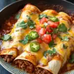 Skillet beef enchiladas - the image shows a plate of enchiladas in a cast iron skillet. the enchillas are covered in a layer of melted cheese and topped with diced tomatoes and jalapenos. the dish is garnished with fresh cilantro leaves. the plate is sitting on a black countertop with a bowl of salad in the background. the overall color scheme of the image is warm and inviting.