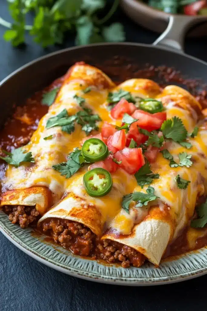Skillet beef enchiladas - the image shows a plate of enchiladas in a cast iron skillet. the enchillas are covered in a layer of melted cheese and topped with diced tomatoes and jalapenos. the dish is garnished with fresh cilantro leaves. the plate is sitting on a black countertop with a bowl of salad in the background. the overall color scheme of the image is warm and inviting.