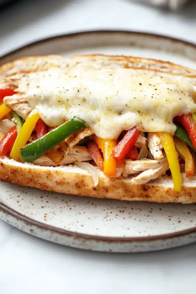 Skillet chicken cheesesteak - the image shows a close-up of a sandwich on a white plate. the sandwich appears to be made with a toasted bread and is filled with shredded chicken, red and yellow bell peppers, and green onions. the chicken is cooked to a golden brown color and is oozing out of the sides. the peppers are bright red and appear to be seasoned with herbs and spices. the cheese is melted and bubbly on top of the sandwich. the plate is sitting on a marble countertop with a blurred background.