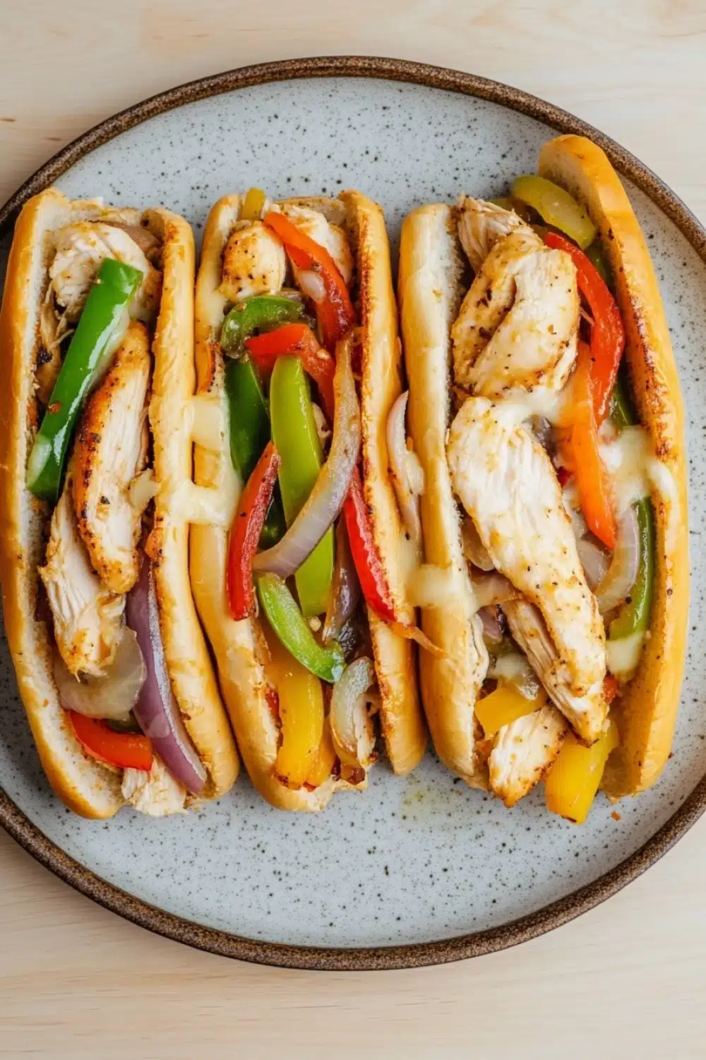 Skillet chicken cheesesteak - the image shows three hot dogs on a blue and white speckled plate. the hot dogs are filled with grilled chicken, red and green bell peppers, onions, and cheese. the chicken is cooked to a golden brown and appears to be seasoned with herbs and spices. the peppers are bright red and yellow, and the onions are sliced into thin strips. the cheese is melted and oozing out of the sides of the hot dogs. the plate is sitting on a wooden table.