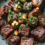 Skillet garlic steak bites - the image shows a plate of grilled steak. the steak appears to be medium-rare and has a pinkish-brown color. it is garnished with chopped parsley and small pieces of corn. the plate is made of a light-colored ceramic or porcelain material and is sitting on a dark grey tablecloth. the dish looks appetizing and ready to eat.