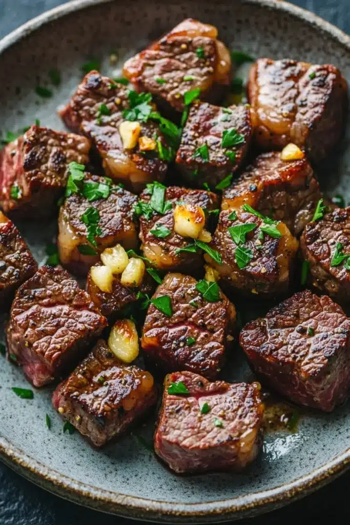Skillet garlic steak bites - the image shows a plate of grilled steak. the steak appears to be medium-rare and has a pinkish-brown color. it is garnished with chopped parsley and small pieces of corn. the plate is made of a light-colored ceramic or porcelain material and is sitting on a dark grey tablecloth. the dish looks appetizing and ready to eat.
