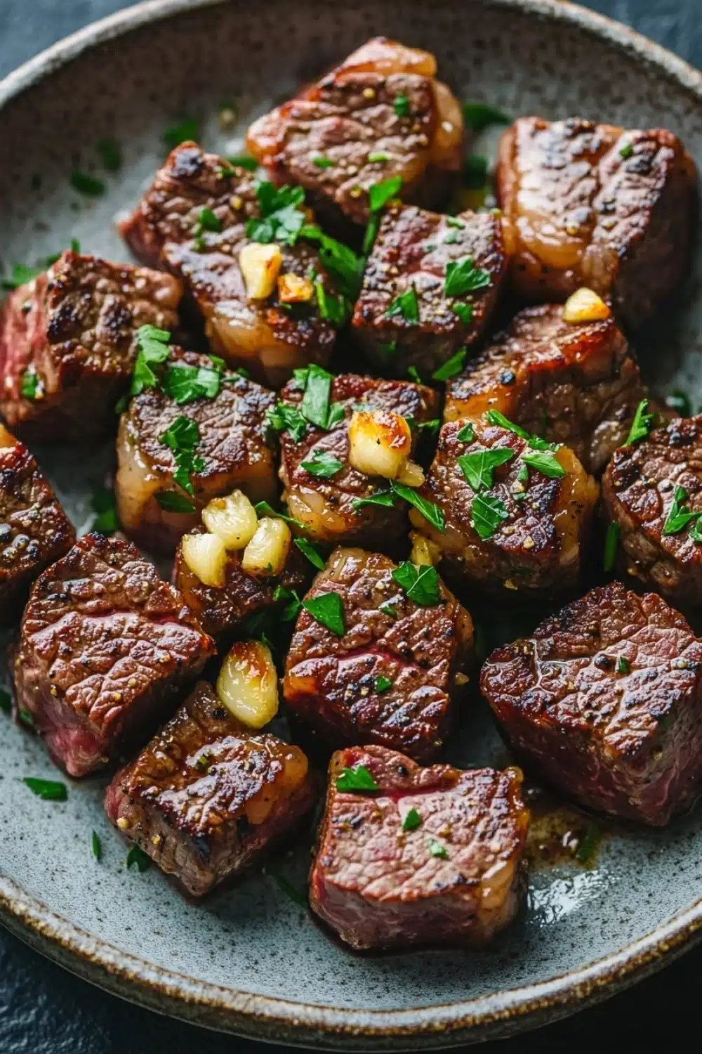 Skillet garlic steak bites - the image shows a plate of grilled steak. the steak appears to be medium-rare and has a pinkish-brown color. it is garnished with chopped parsley and small pieces of corn. the plate is made of a light-colored ceramic or porcelain material and is sitting on a dark grey tablecloth. the dish looks appetizing and ready to eat.