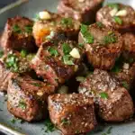 Skillet garlic steak bites - the image shows a plate of cooked steak on a dark grey plate. the steak appears to be medium-rare and has a pinkish-brown color. it is garnished with chopped herbs and garlic cloves, giving it a savory flavor. the plate is sitting on a black countertop, and the background is blurred, making the steak the focal point of the image.