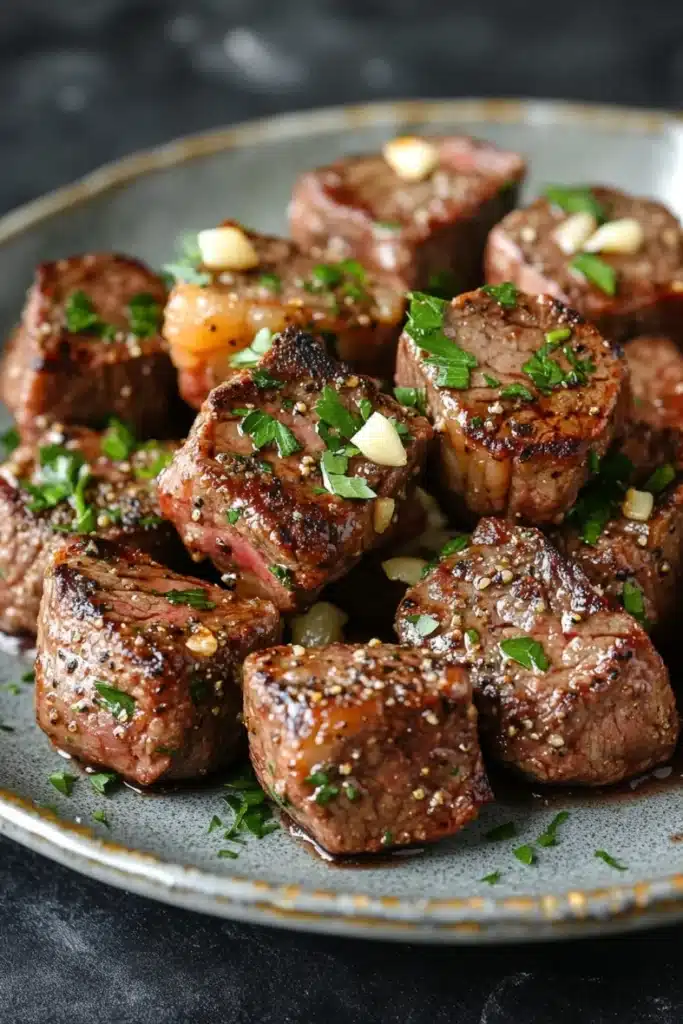 Skillet garlic steak bites - the image shows a plate of cooked steak on a dark grey plate. the steak appears to be medium-rare and has a pinkish-brown color. it is garnished with chopped herbs and garlic cloves, giving it a savory flavor. the plate is sitting on a black countertop, and the background is blurred, making the steak the focal point of the image.