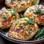 Skillet lemon rosemary chicken - the image shows a plate of four grilled chicken breasts on a wooden table. the chicken breasts are golden brown and appear to be seasoned with herbs and spices. they are arranged in a circular pattern on the plate, with a slice of lemon on the side. the plate is garnished with fresh rosemary sprigs. the background is blurred, but it appears to be a rustic kitchen countertop.