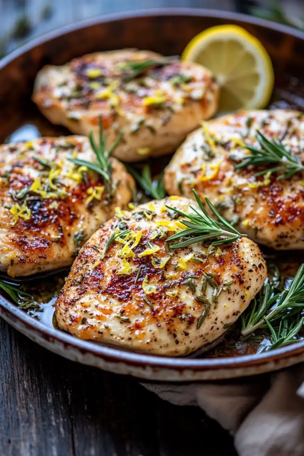 Skillet lemon rosemary chicken - the image shows a plate of four grilled chicken breasts on a wooden table. the chicken breasts are golden brown and appear to be seasoned with herbs and spices. they are arranged in a circular pattern on the plate, with a slice of lemon on the side. the plate is garnished with fresh rosemary sprigs. the background is blurred, but it appears to be a rustic kitchen countertop.