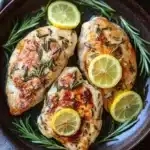 Skillet lemon rosemary chicken - the image shows a plate of grilled chicken breasts with rosemary and lemon wedges. the chicken breasts are golden brown and appear to be seasoned with herbs and spices. the plate is placed on a wooden table with a gray cloth napkin on the side. there are two whole lemons on the right side of the plate and a sprig of rosemary on the left side. the background is blurred, but it appears to be a rustic kitchen countertop.