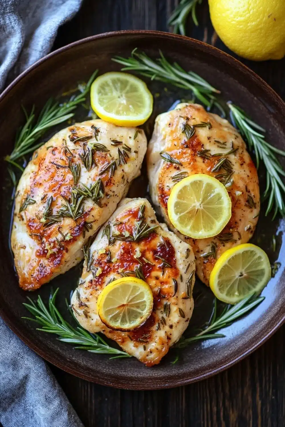 Skillet lemon rosemary chicken - the image shows a plate of grilled chicken breasts with rosemary and lemon wedges. the chicken breasts are golden brown and appear to be seasoned with herbs and spices. the plate is placed on a wooden table with a gray cloth napkin on the side. there are two whole lemons on the right side of the plate and a sprig of rosemary on the left side. the background is blurred, but it appears to be a rustic kitchen countertop.