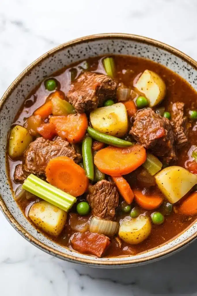 Slow cooker beef and vegetables stew - the image is a close-up of a bowl of beef stew. the stew is a rich, dark brown color and appears to be thick and hearty. it is filled with chunks of beef, carrots, potatoes, and green peas. the beef is cooked to a medium-rare and has a tender texture. the vegetables are mixed in with the stew, creating a colorful and appetizing dish. the bowl is sitting on a white marble countertop.