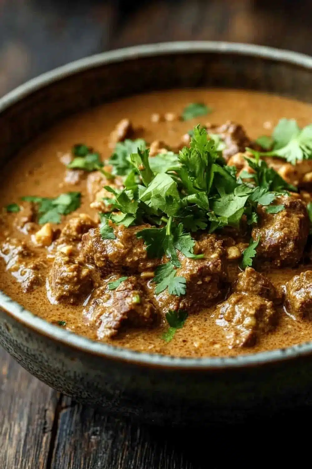 Slow cooker beef korma curry - the image is a close-up of a bowl of indian curry. the curry is a rich orange color and appears to be thick and creamy. it has chunks of meat and vegetables mixed in with a creamy sauce. the dish is garnished with fresh cilantro leaves. the bowl is made of dark-colored ceramic and is sitting on a wooden table. the background is blurred, making the curry the focal point of the image.