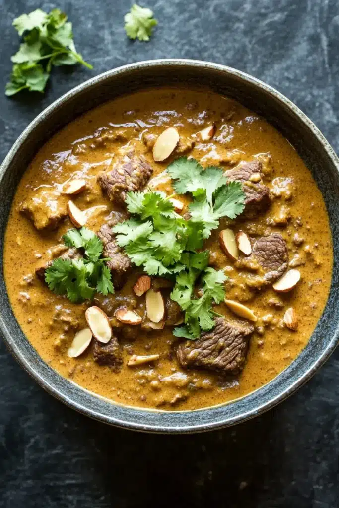 Slow cooker beef korma curry - the image is a close-up of a bowl of indian curry. the curry is a rich orange color and appears to be thick and creamy. it is garnished with fresh cilantro and sliced almonds. the bowl is made of dark blue ceramic and is sitting on a dark grey textured surface. there are a few sprigs of cilantro scattered around the bowl. the overall mood of the image is warm and inviting.