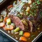 Slow cooker beef roast and gravy - the image shows a large piece of cooked beef tenderloin on a baking tray. the beef is cooked medium-rare and has a golden brown crust on top. it is garnished with chopped parsley and sliced onions. the dish is served with a variety of vegetables, including carrots, celery, and onions, and is drizzled with a dark brown sauce. the tray is lined with parchment paper and is placed on a dark grey countertop.