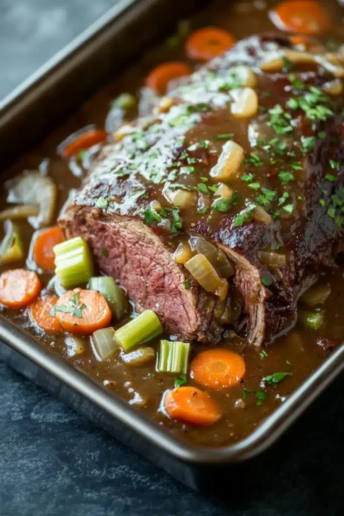 Slow cooker beef roast and gravy - the image shows a large piece of cooked beef tenderloin on a baking tray. the beef is cooked medium-rare and has a golden brown crust on top. it is garnished with chopped parsley and sliced onions. the dish is served with a variety of vegetables, including carrots, celery, and onions, and is drizzled with a dark brown sauce. the tray is lined with parchment paper and is placed on a dark grey countertop.