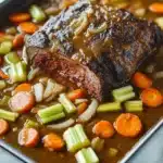 Slow cooker beef roast and gravy - the image shows a large piece of roast beef on a baking tray. the roast beef is cooked medium-rare and has a dark brown glaze on top. it is surrounded by a bed of diced carrots, celery, and onions. the carrots are bright orange and the celery is a vibrant green. the onions are a light brown color and are scattered throughout the dish. the dish is garnished with a sprinkle of herbs. the tray is sitting on a white marble countertop.