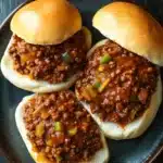 Slow cooker beef sloppy joes - the image shows three sloppy joe sliders on a blue plate. the sliders are made with a white bun and are topped with a generous amount of ground beef and diced green onions. the plate is sitting on a dark wooden table.