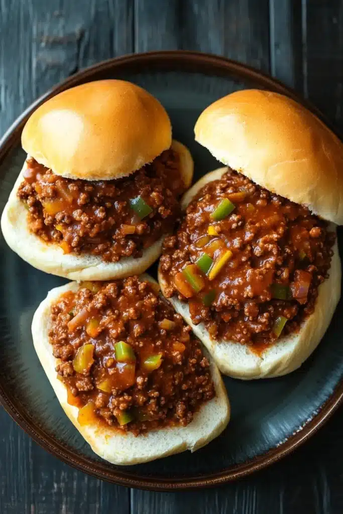 Slow cooker beef sloppy joes - the image shows three sloppy joe sliders on a blue plate. the sliders are made with a white bun and are topped with a generous amount of ground beef and diced green onions. the plate is sitting on a dark wooden table.