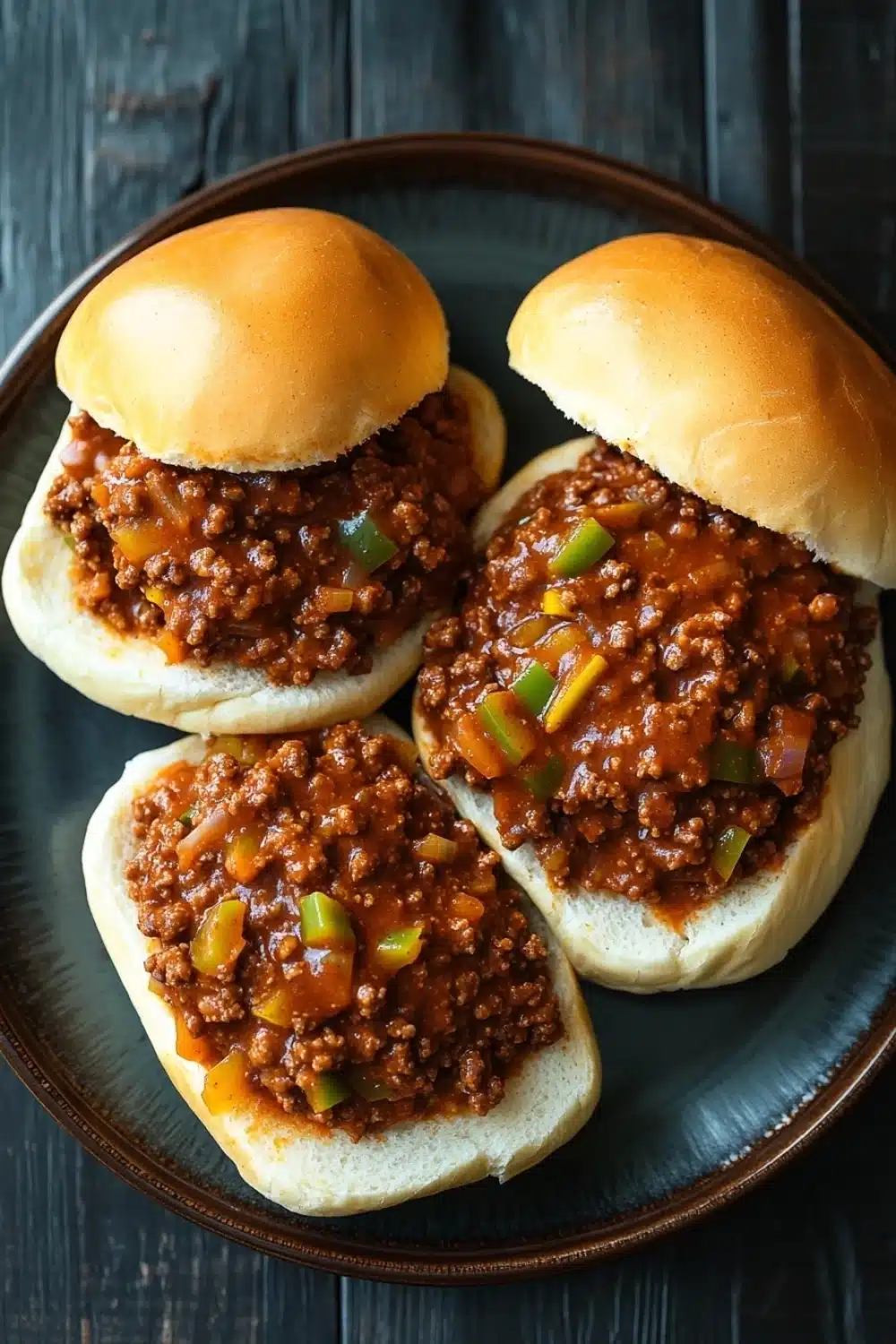 Slow cooker beef sloppy joes - the image shows three sloppy joe sliders on a blue plate. the sliders are made with a white bun and are topped with a generous amount of ground beef and diced green onions. the plate is sitting on a dark wooden table.