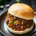 Slow cooker beef sloppy joes - the image shows a sloppy joe sandwich on a black plate. the sandwich is made with a toasted bun and is filled with ground beef, diced jalapeno peppers, onions, and spices. the plate is placed on a wooden table with a few green jalapeño peppers scattered around it. the background is blurred, but it appears to be a rustic kitchen countertop.