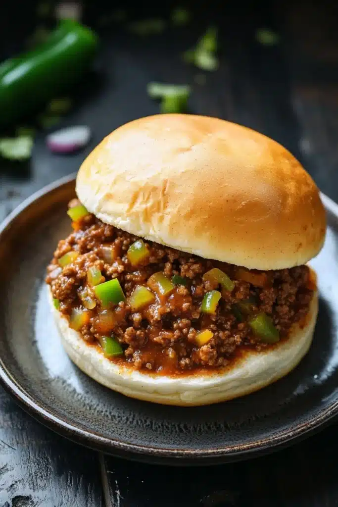 Slow cooker beef sloppy joes - the image shows a sloppy joe sandwich on a black plate. the sandwich is made with a toasted bun and is filled with ground beef, diced jalapeno peppers, onions, and spices. the plate is placed on a wooden table with a few green jalapeño peppers scattered around it. the background is blurred, but it appears to be a rustic kitchen countertop.