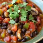Slow cooker black bean mushroom chili - the image is a close-up of a bowl of chili. the chili is a rich orange color and appears to be made with black beans, red bell peppers, and mushrooms. the bowl is made of ceramic and has a green rim. there are also a few sprigs of fresh cilantro scattered throughout the dish. the background is dark, making the colors of the chili stand out.