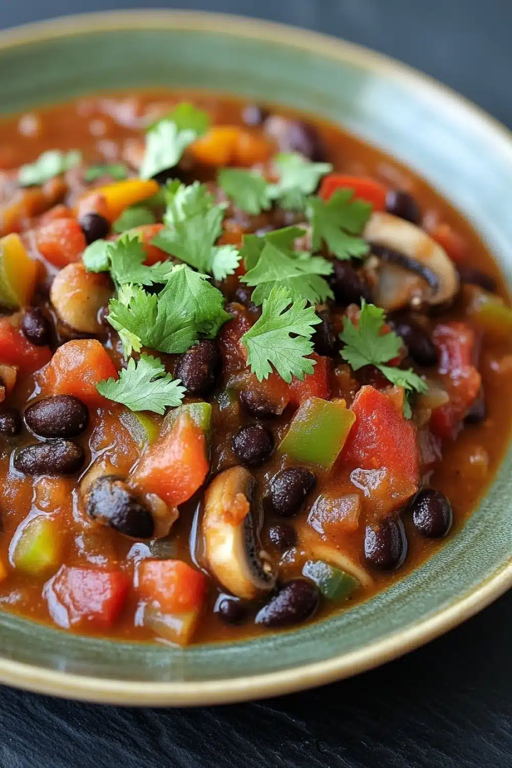 Slow cooker black bean mushroom chili - the image is a close-up of a bowl of chili. the chili is a rich orange color and appears to be made with black beans, red bell peppers, and mushrooms. the bowl is made of ceramic and has a green rim. there are also a few sprigs of fresh cilantro scattered throughout the dish. the background is dark, making the colors of the chili stand out.