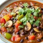 Slow cooker black bean mushroom chili - the image is a close-up of a bowl of chili. the chili is a rich orange color and appears to be thick and hearty. it is filled with black beans, diced tomatoes, and sliced mushrooms. there are also some fresh cilantro leaves scattered throughout the dish. the bowl is sitting on a white marble countertop.