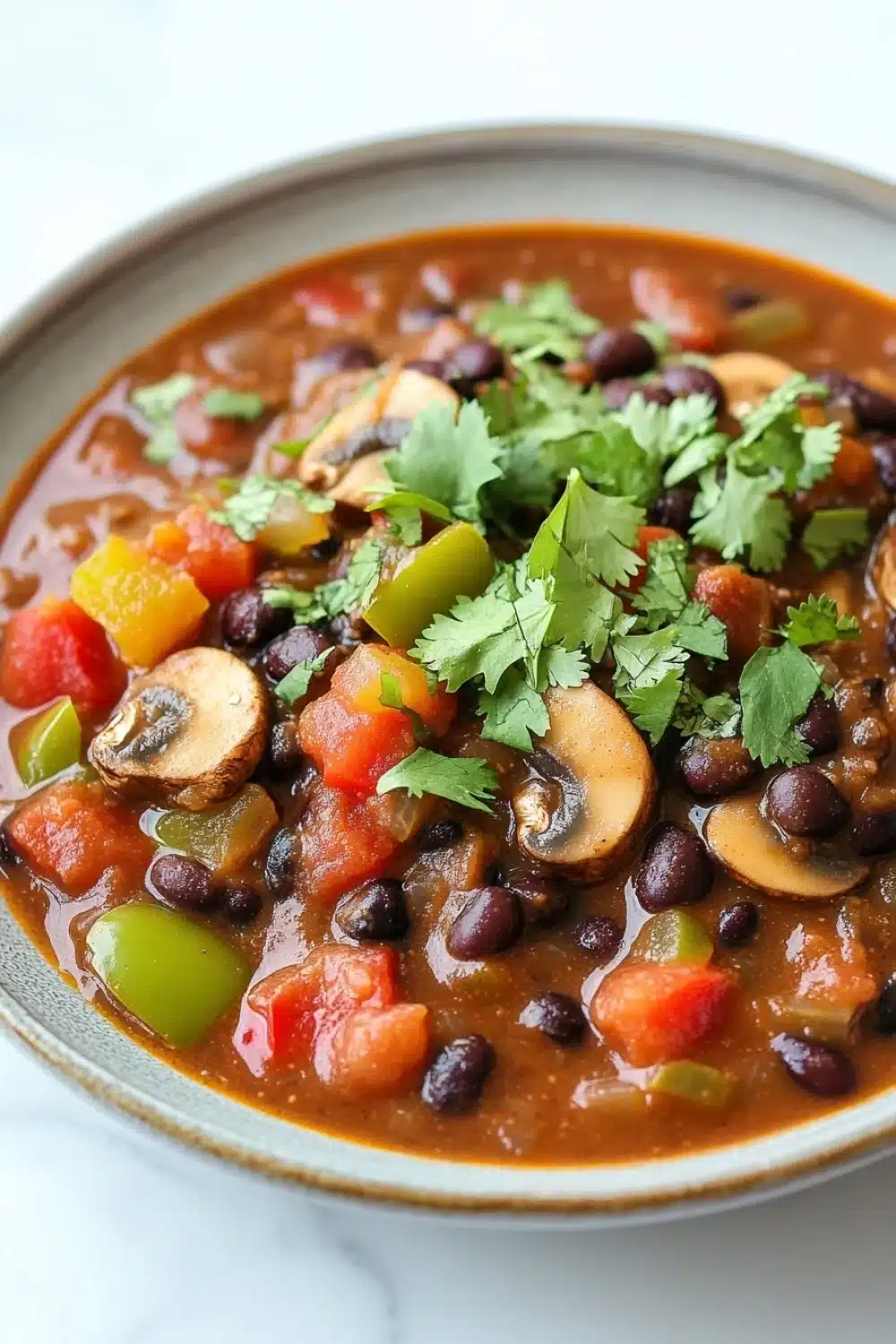 Slow cooker black bean mushroom chili - the image is a close-up of a bowl of chili. the chili is a rich orange color and appears to be thick and hearty. it is filled with black beans, diced tomatoes, and sliced mushrooms. there are also some fresh cilantro leaves scattered throughout the dish. the bowl is sitting on a white marble countertop.