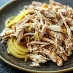 Slow cooker chicken carnitas - the image shows a plate of shredded chicken on a dark grey plate. the chicken appears to be cooked and has a golden brown color. it is cut into small pieces and is arranged in a pile on top of a bed of sliced yellow onions. the plate is sitting on a textured surface, possibly a table or countertop. the overall appearance of the dish is savory and appetizing.